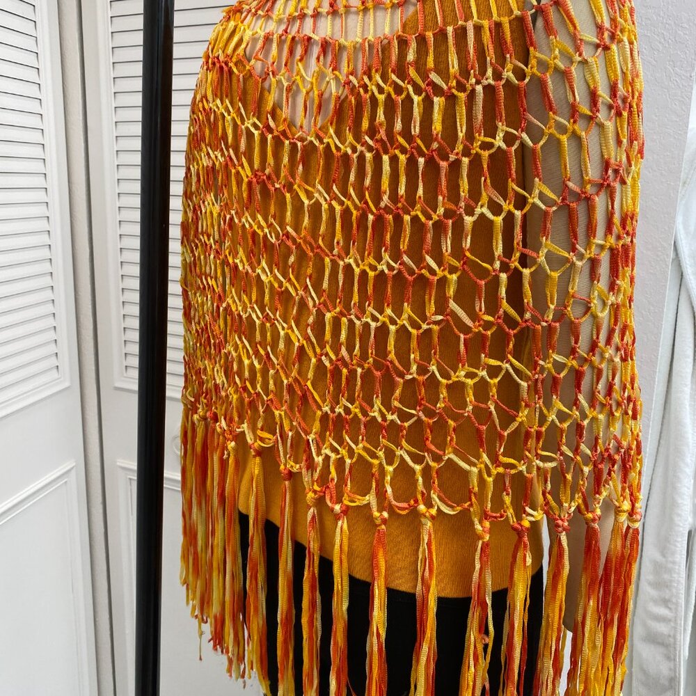 Crochet Poncho Top Oranges Tie Dye OS Doubles as Scarf - Picture 8 of 11